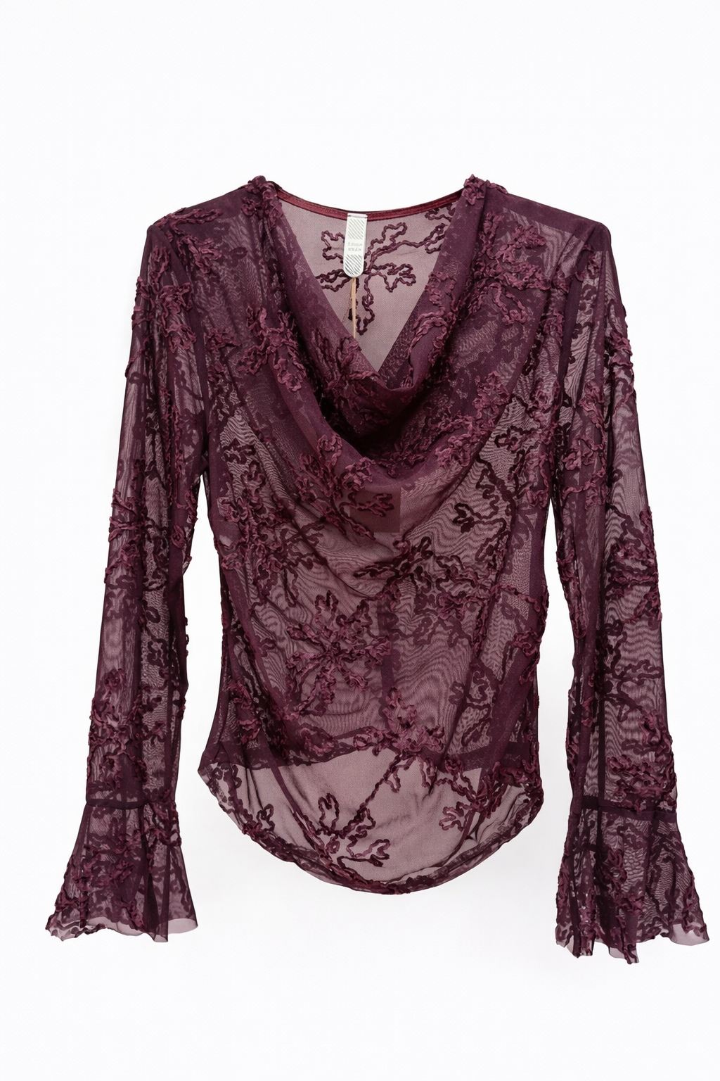 Sheer burgundy lace blouse on a white background