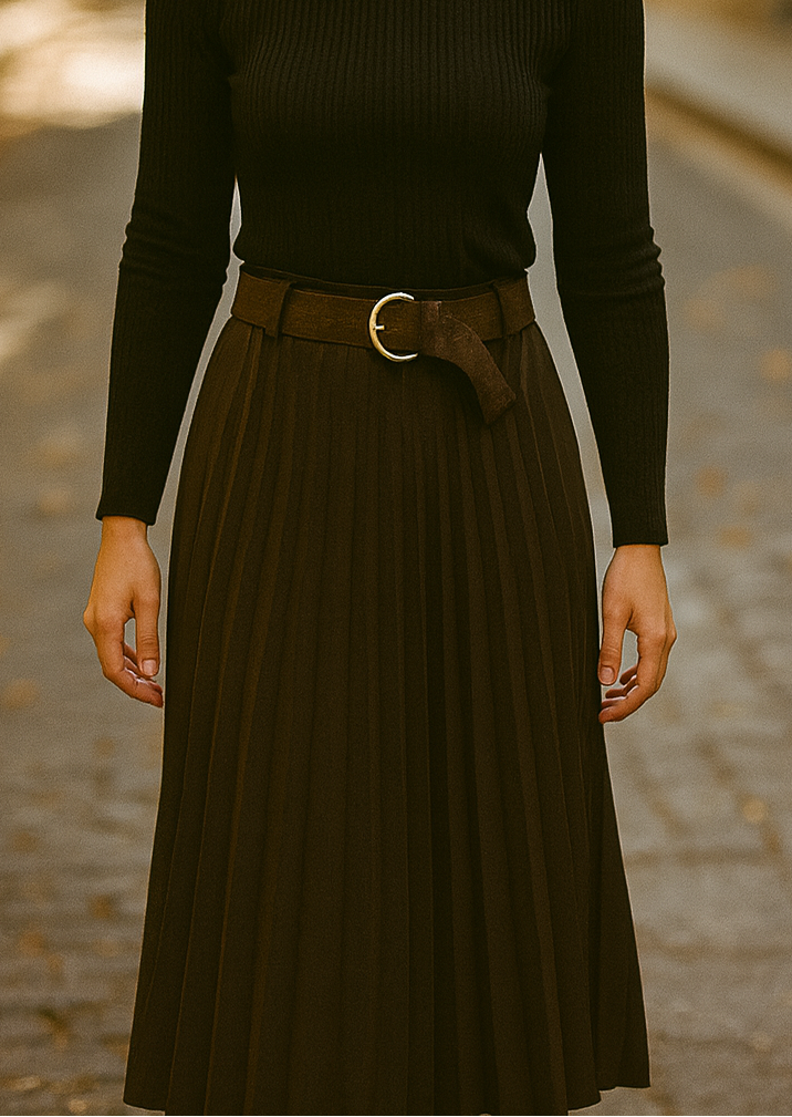 Brown Pleated Midi Skirt with Belt