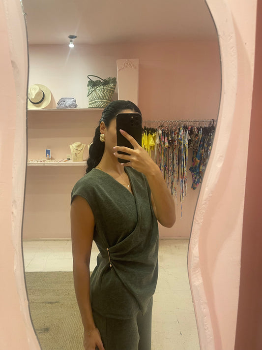 Draped Top & Wide-Leg Trousers Set