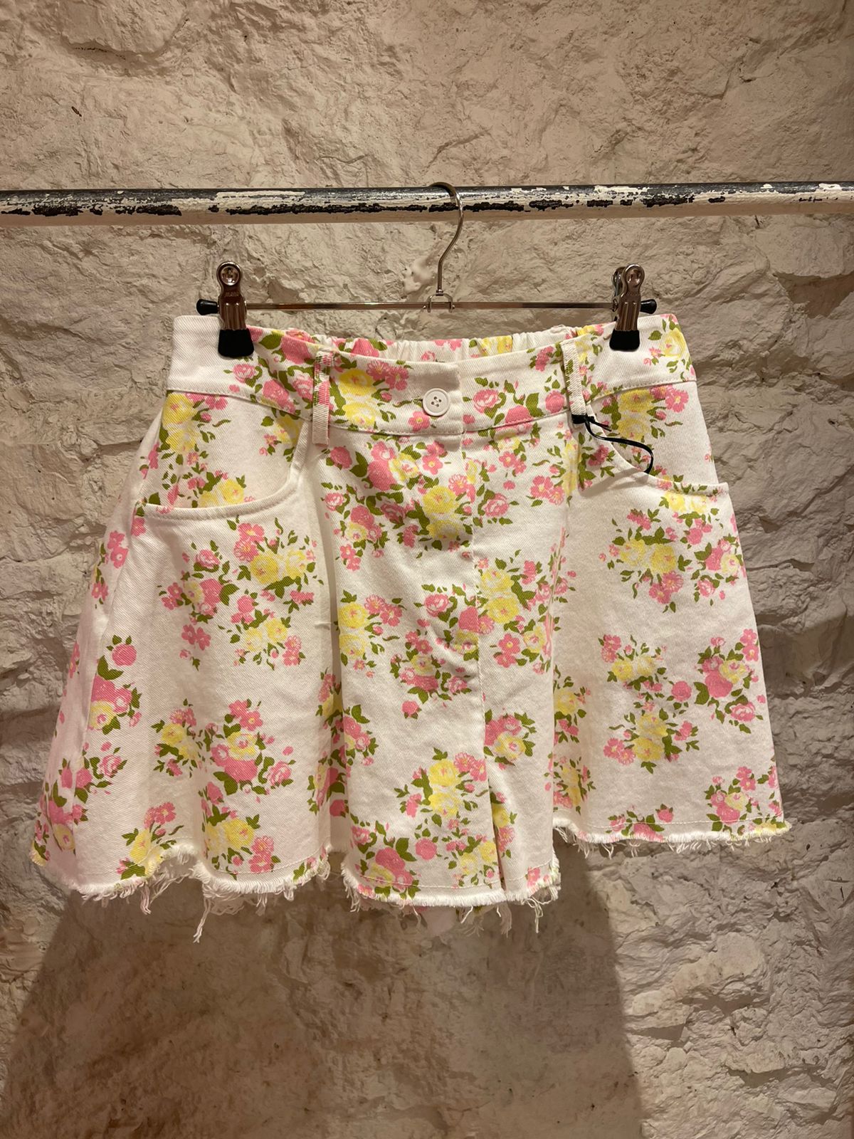 Floral Denim Shorts with Frayed Hem
