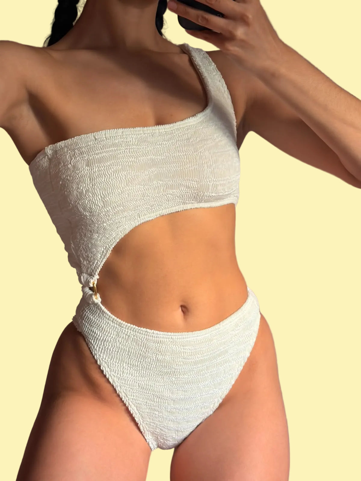 Coraline White One-Shoulder Crinkle Swimsuit