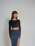 Long Sleeve Open Back Crop Top Black