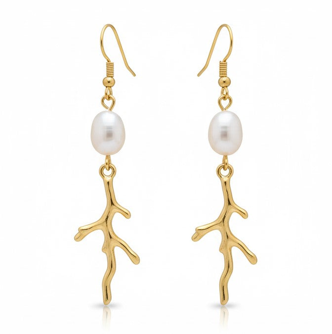 Koralli — Gold Coral Branch & Pearl Drop Earrings