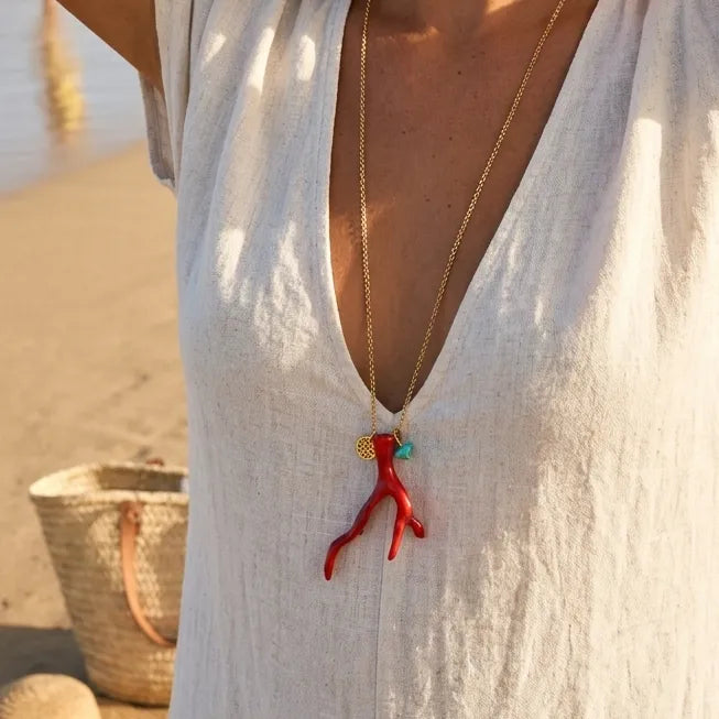 Kokkino — Red Coral Branch Pendant Necklace with Turquoise & Gold