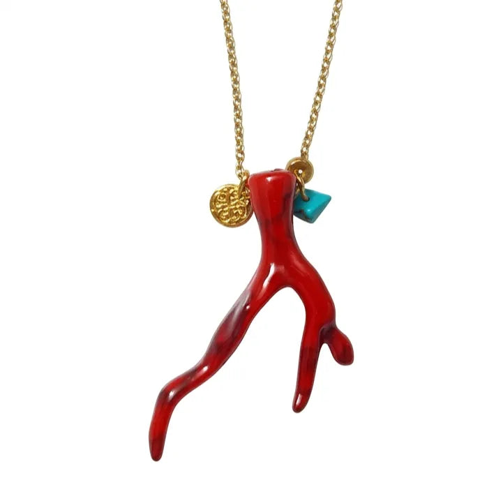 Kokkino — Red Coral Branch Pendant Necklace with Turquoise & Gold