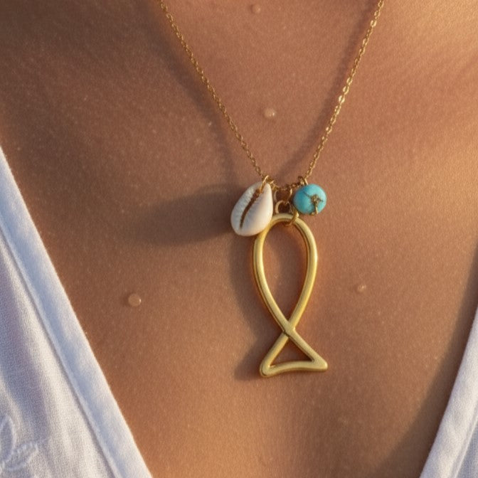 Ikthys II — Gold Open Fish, Cowrie Shell & Turquoise Cluster Necklace