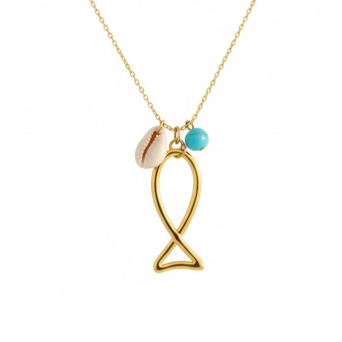 Ikthys II — Gold Open Fish, Cowrie Shell & Turquoise Cluster Necklace