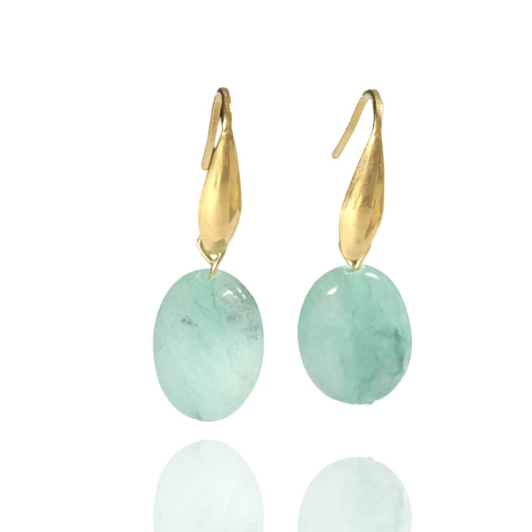 Thaleia — Aquamarine Stone Drop Earrings with Gold Leaf Hooks