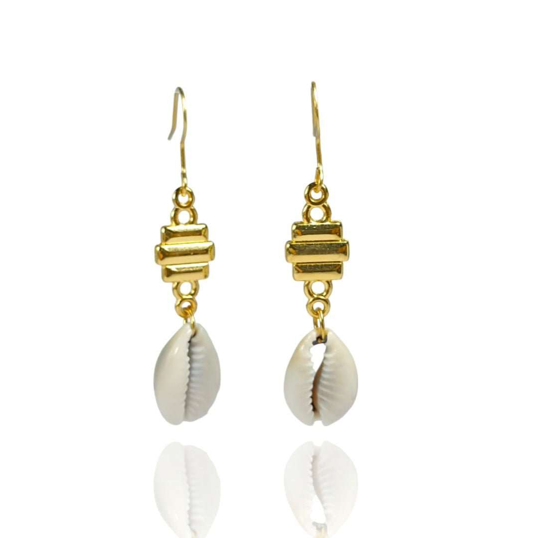 Thalassa — Natural Cowrie Shell Drop Earrings with Gold Connector