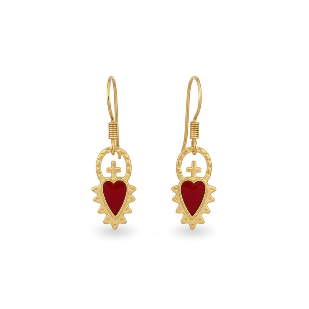 24K Gold Plated Heart Earrings with Red Enamel