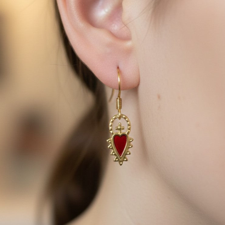 24K Gold Plated Heart Earrings with Red Enamel