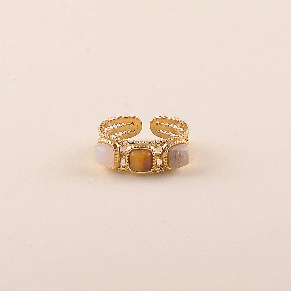 Ring - 3 natural square stones: Gold / TA / Aventurine Orange