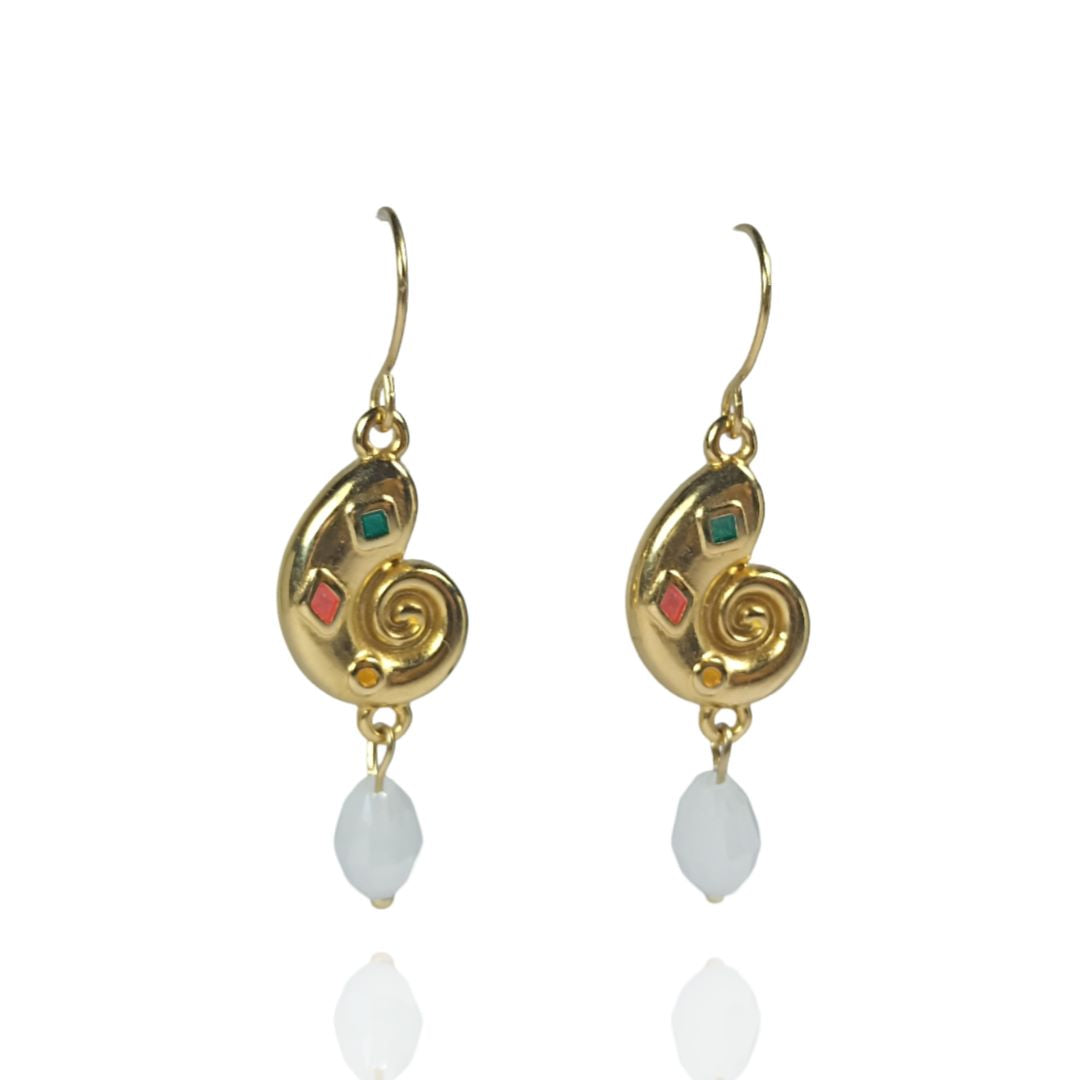 Kochyli — Gold Nautilus Spiral Earrings with Enamel & Crystal Drop