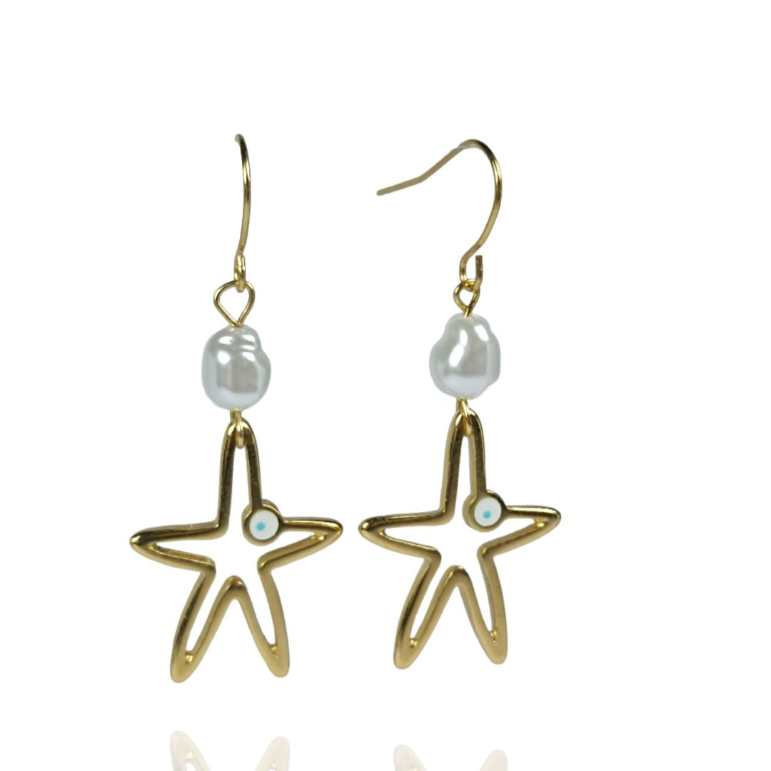 Asteria — Gold Starfish, Pearl & Evil Eye Drop Earrings