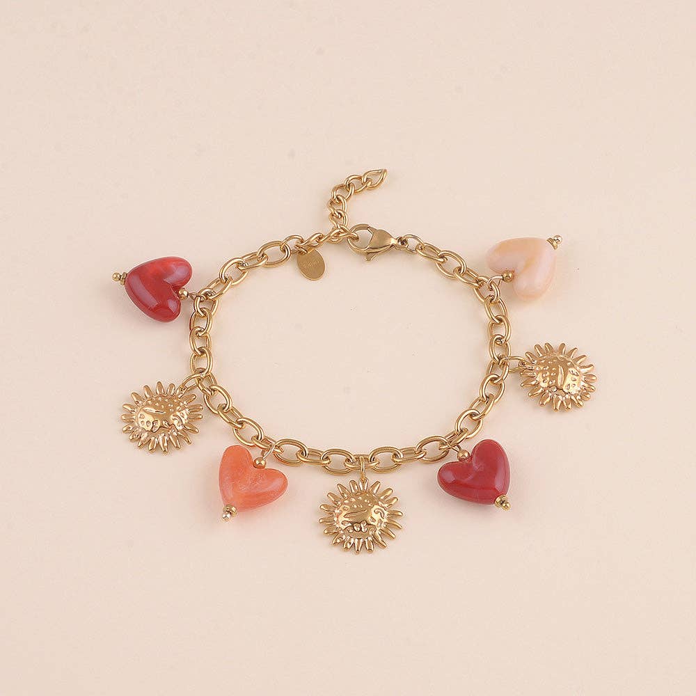 Bracelet - resin heart beads and textured flowers: Gold / Khaki