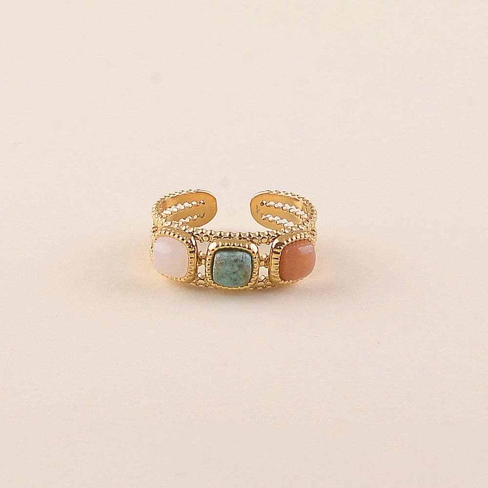Ring - 3 natural square stones: Gold / TA / Aventurine Orange