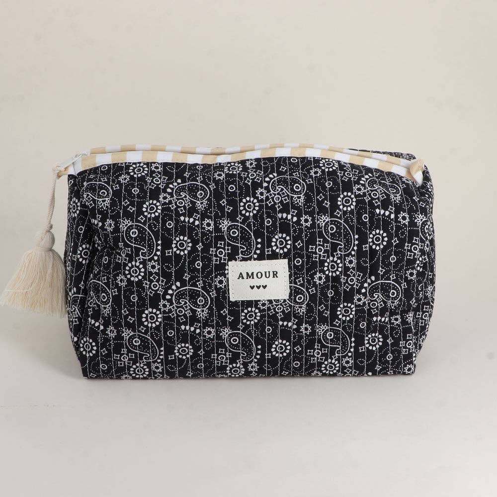 Large pouch with "LOVE" and heart motifs, 100% polyester: Black/ Pink