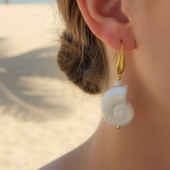 Shell & Pearl Drop Earrings with Gold-Tone Hooks