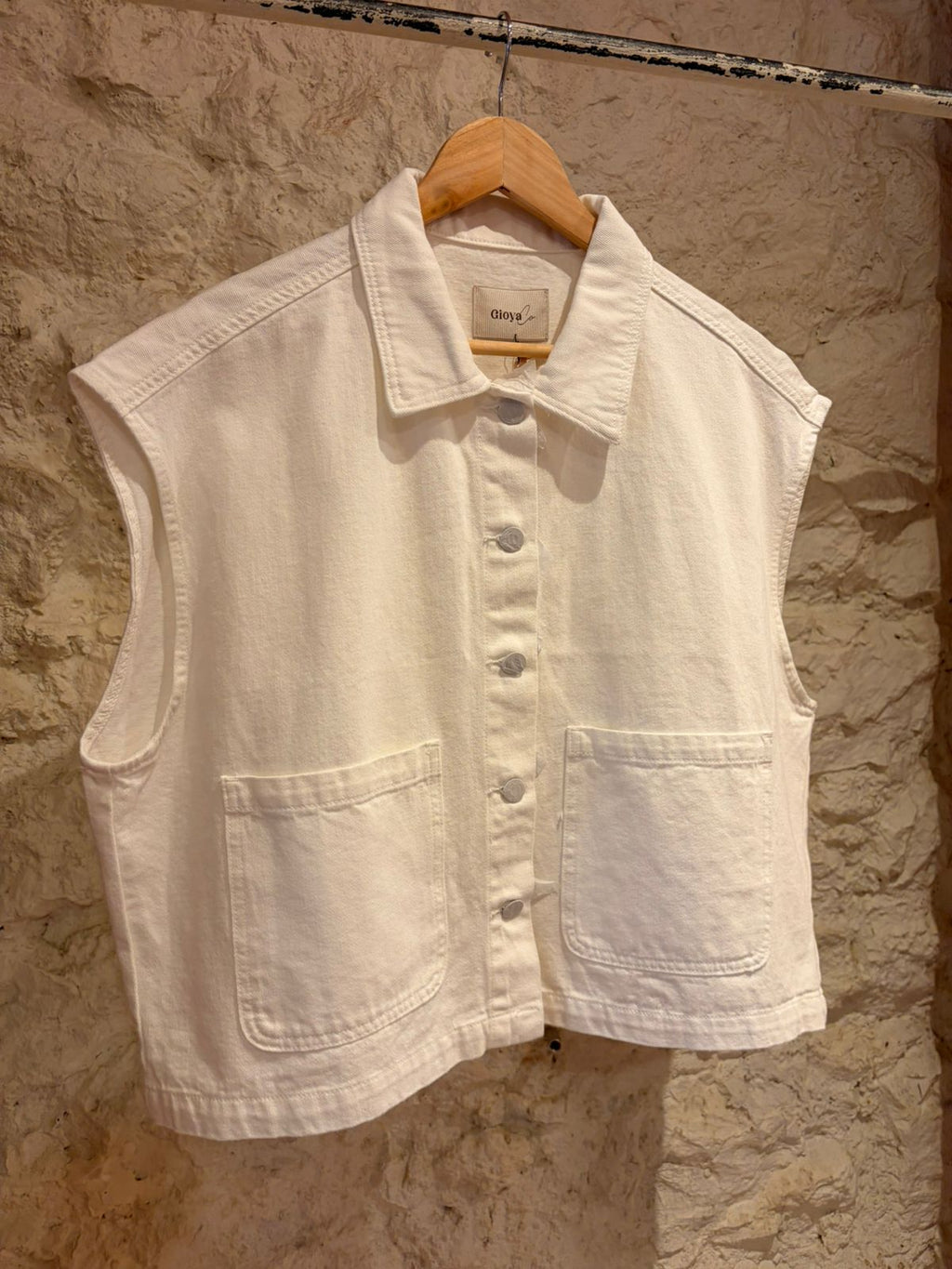 White Denim Sleeveless Vest with Pockets