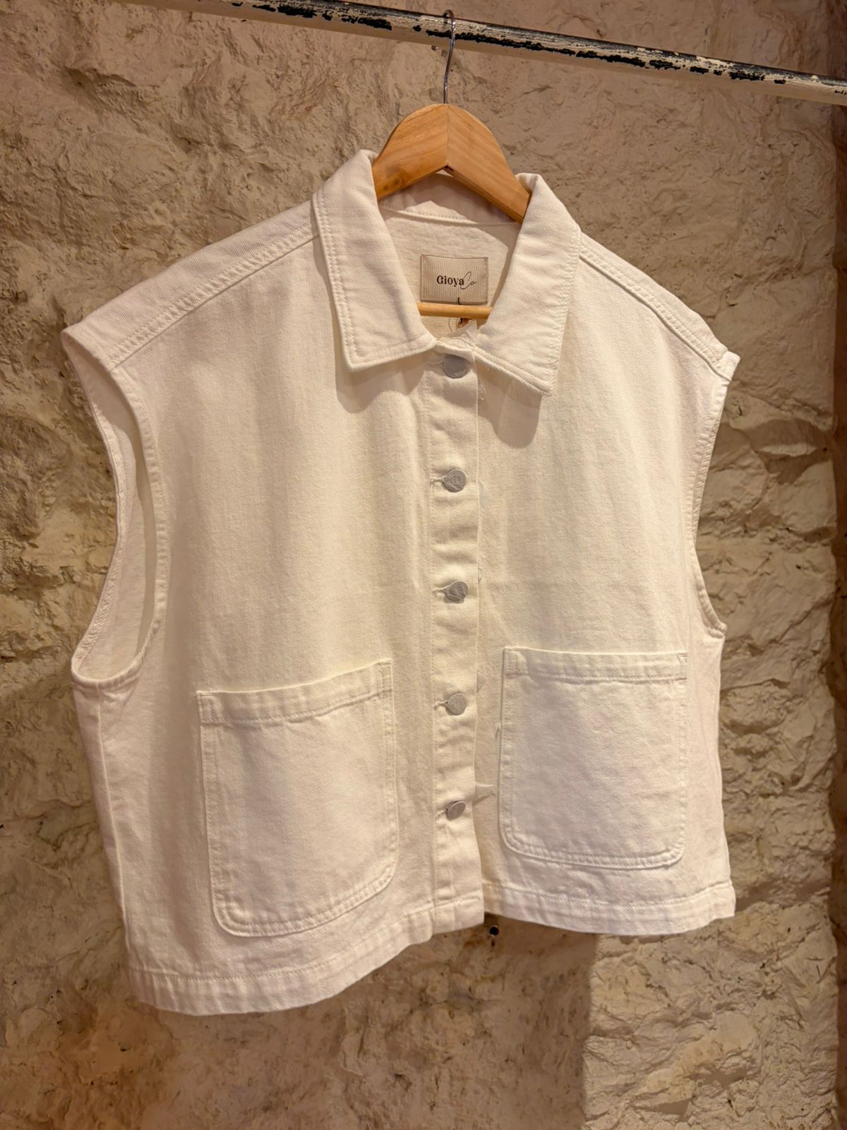 White Denim Sleeveless Vest with Pockets