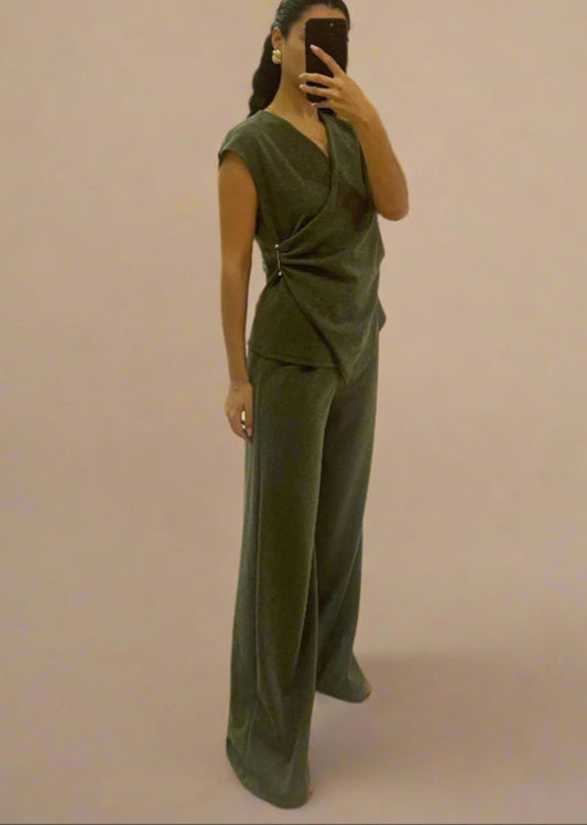 Draped Top & Wide-Leg Trousers Set