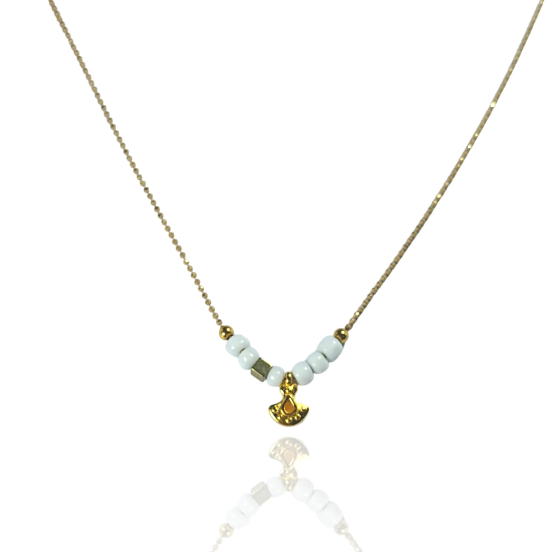 Labrys — Gold Minoan Axe Charm Necklace with White Seed Beads