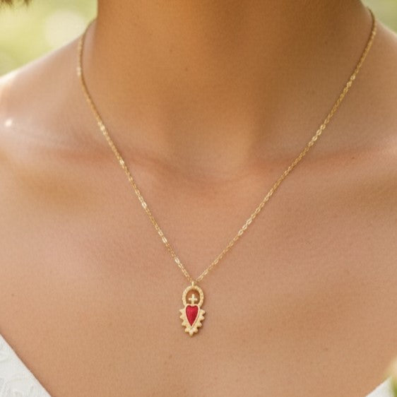 24K Gold Plated Heart Necklace with Red Enamel