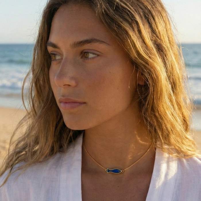 Ikthys — Cobalt Blue Enamel Fish Choker Necklace in Stainless Steel