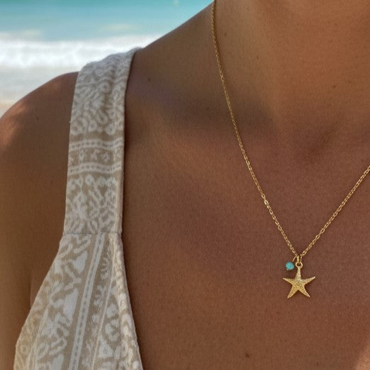 Asteria — Gold Starfish & Turquoise Pendant Necklace in Stainless Steel