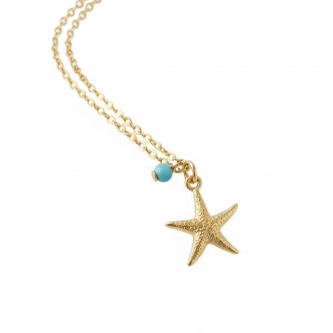 Asteria — Gold Starfish & Turquoise Pendant Necklace in Stainless Steel