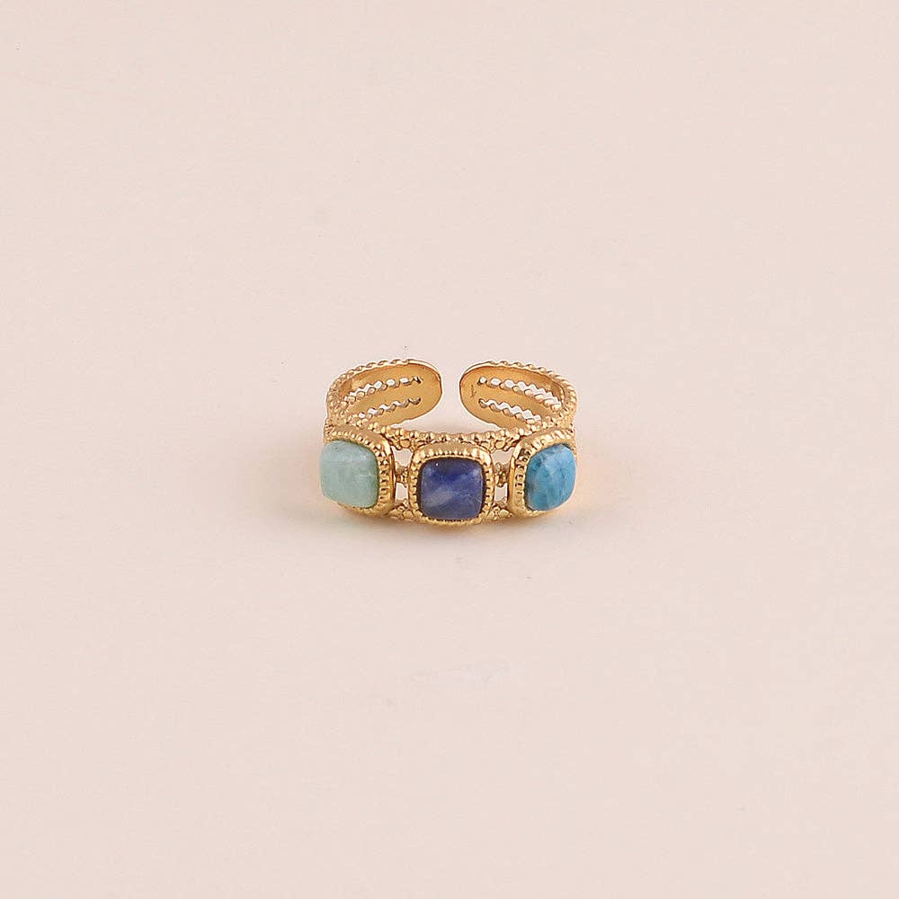 Ring - 3 natural square stones: Gold / TA / Aventurine Orange