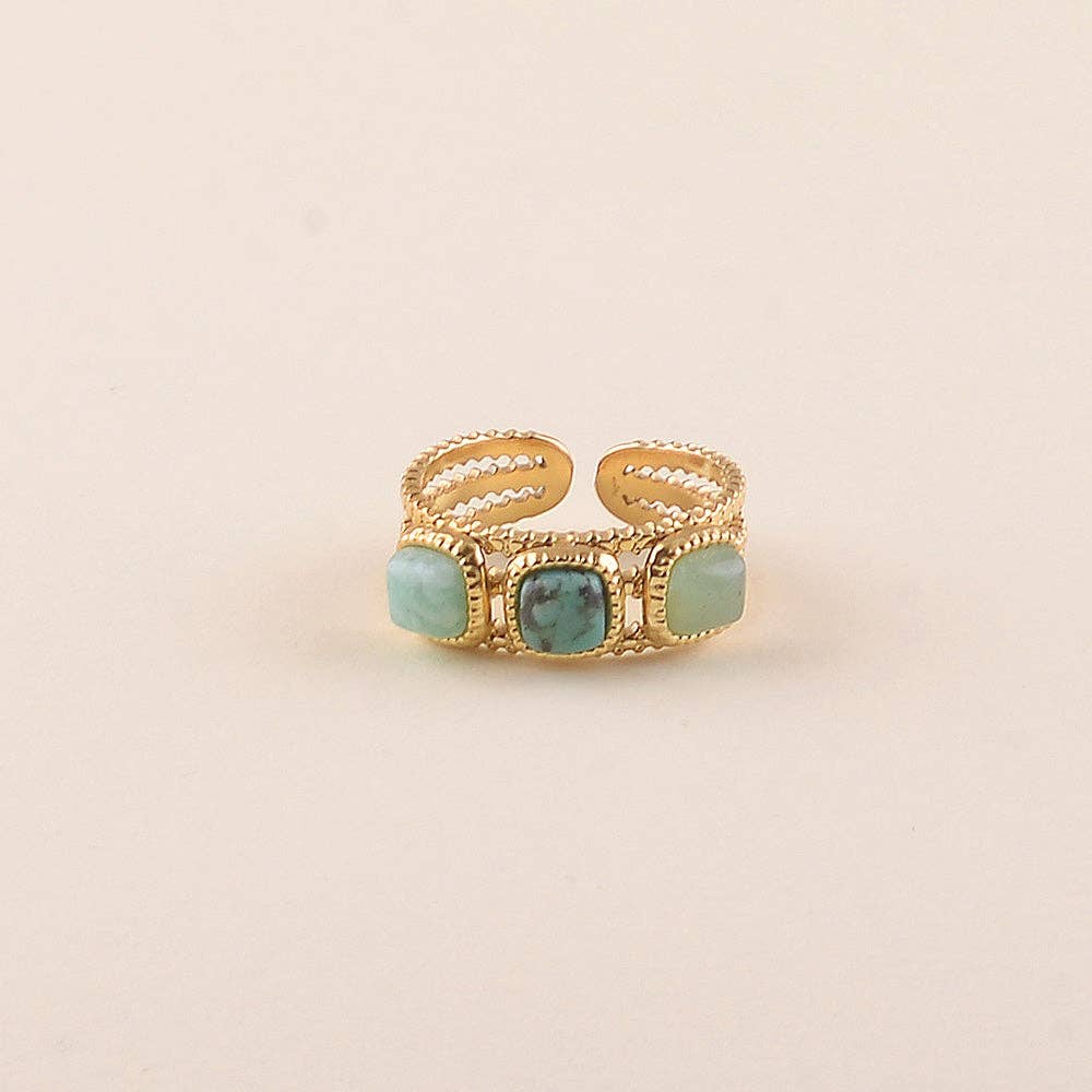 Ring - 3 natural square stones: Gold / TA / Aventurine Orange