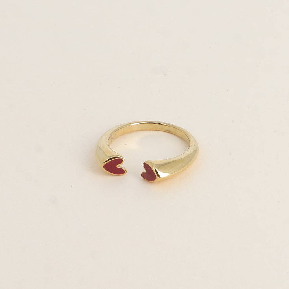 Ring - two flat enamel hearts: Gold / Red