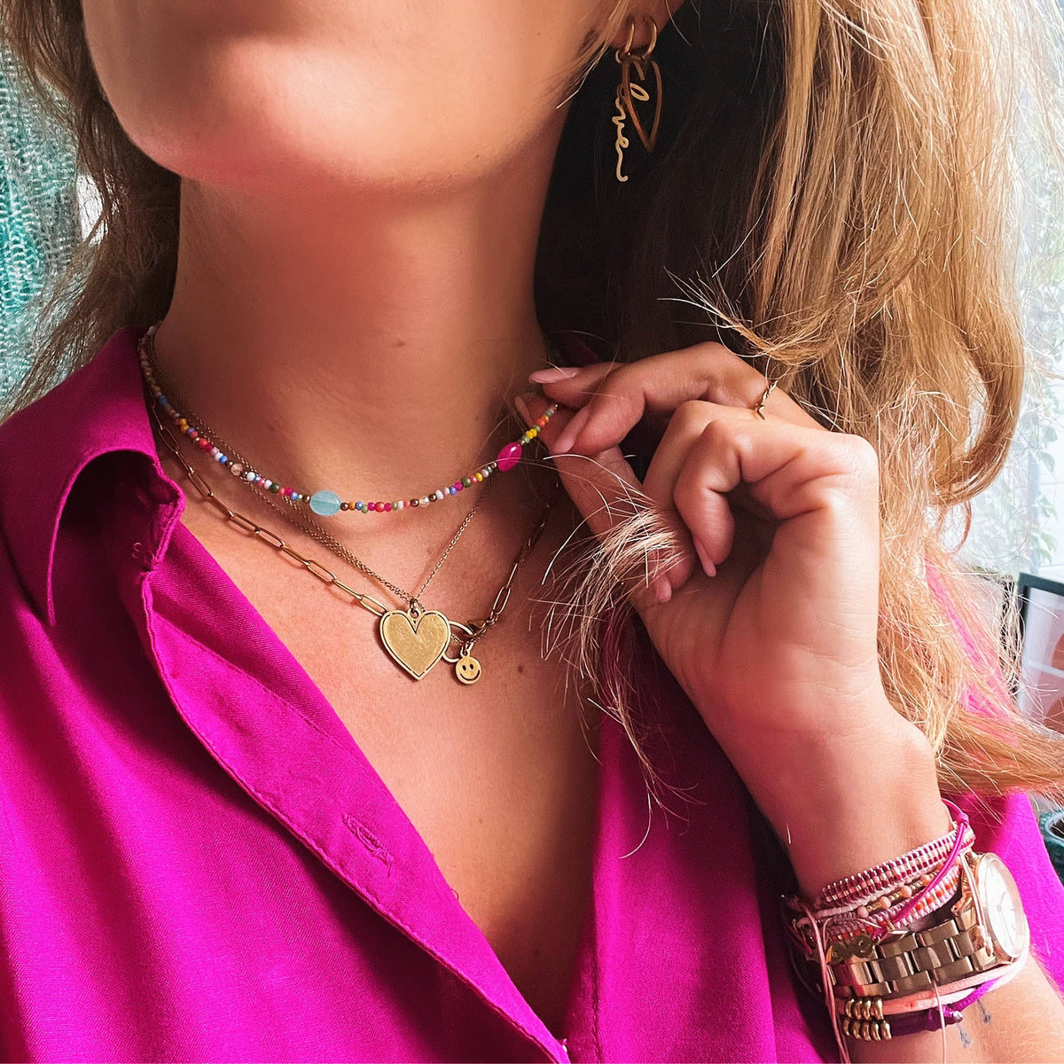 Stainless steel fine chain with smiley - gold