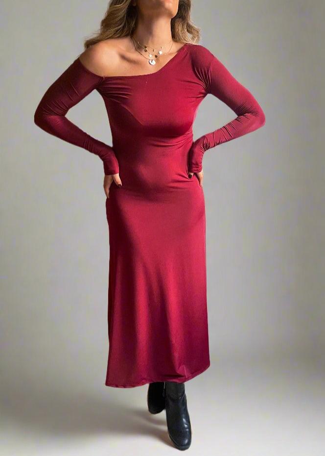 Burgundy One Shoulder Dress