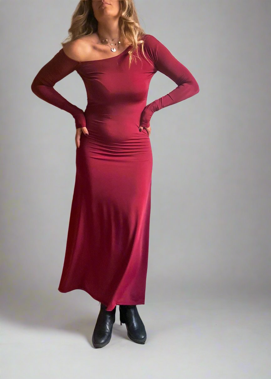 Burgundy One Shoulder Dress