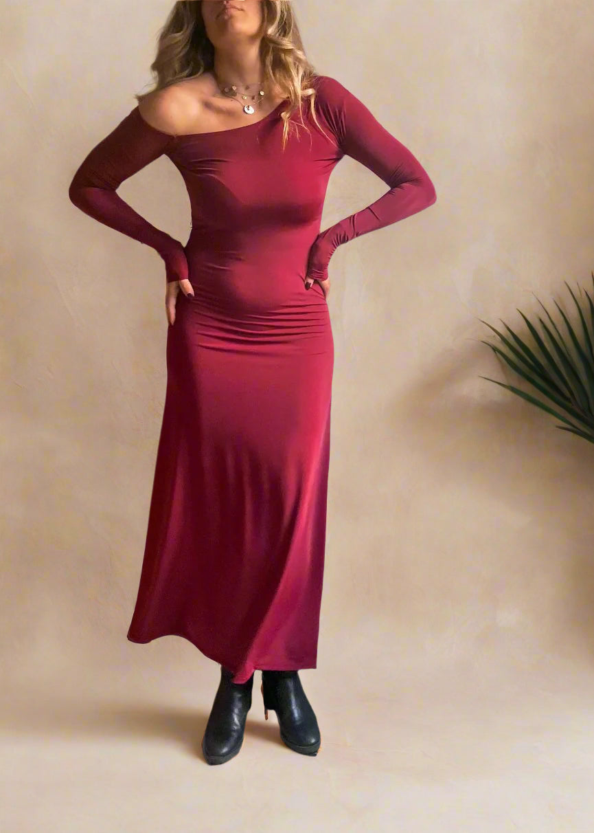 Burgundy One Shoulder Dress