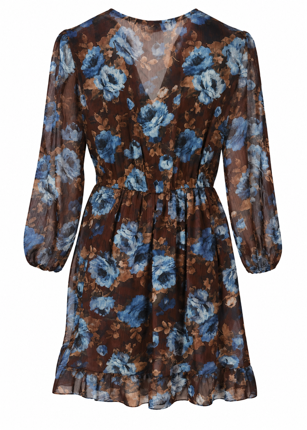 Back view of chocolate and blue floral mini dress showing sheer long sleeves and gathered waist