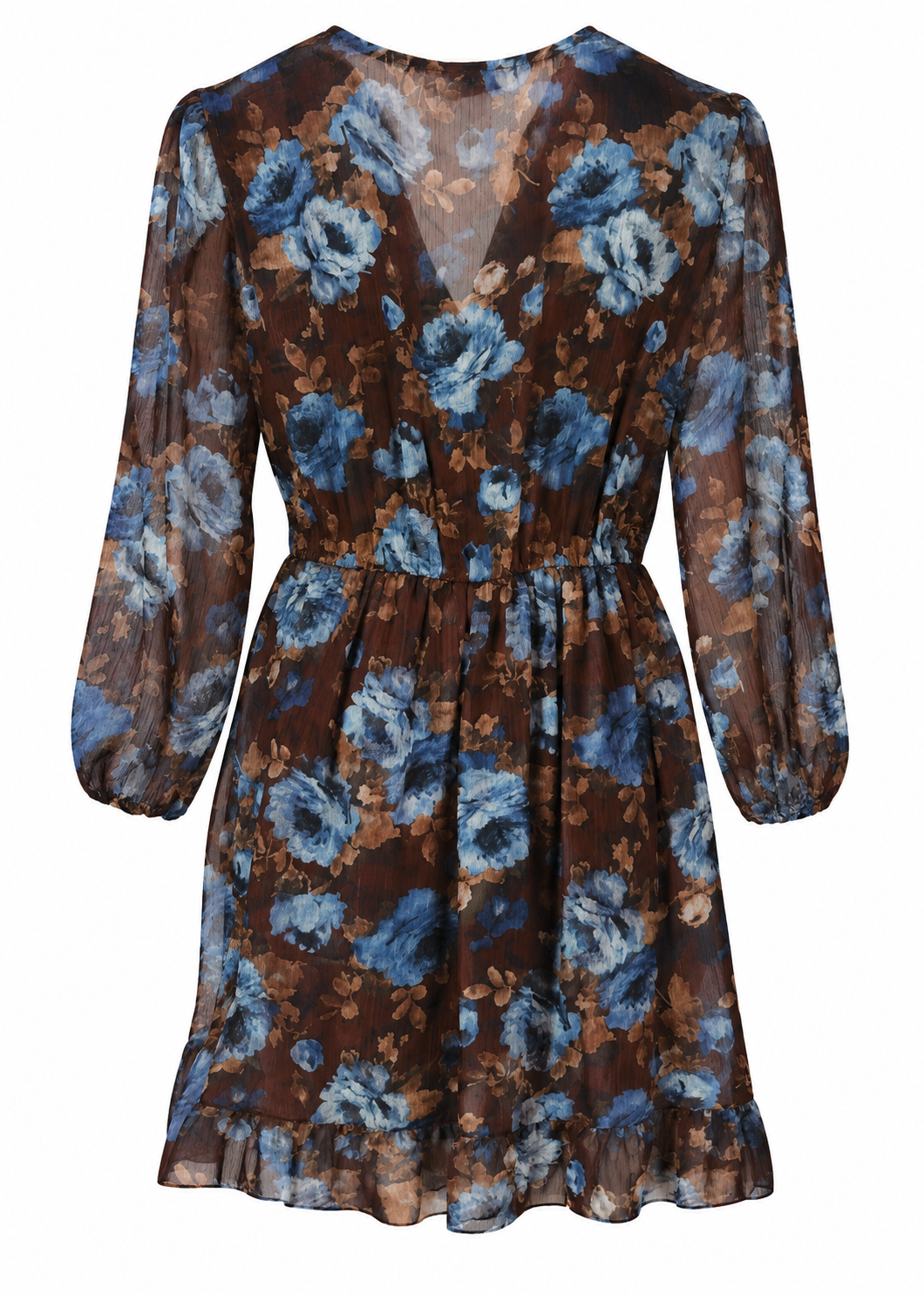 Back view of chocolate and blue floral mini dress showing sheer long sleeves and gathered waist