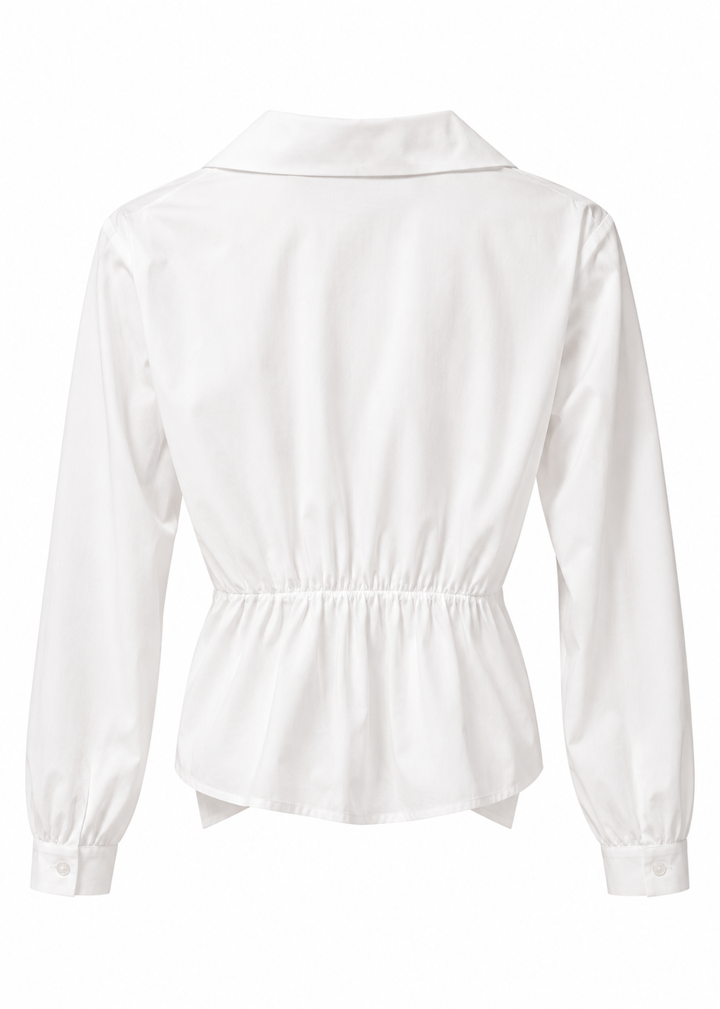 Back view of white long-sleeve blouse showing gathered waist detail