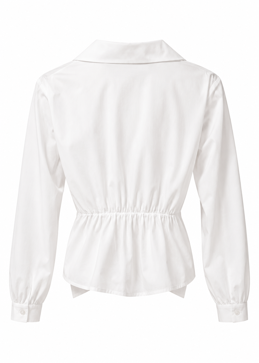 Back view of white long-sleeve blouse showing gathered waist detail