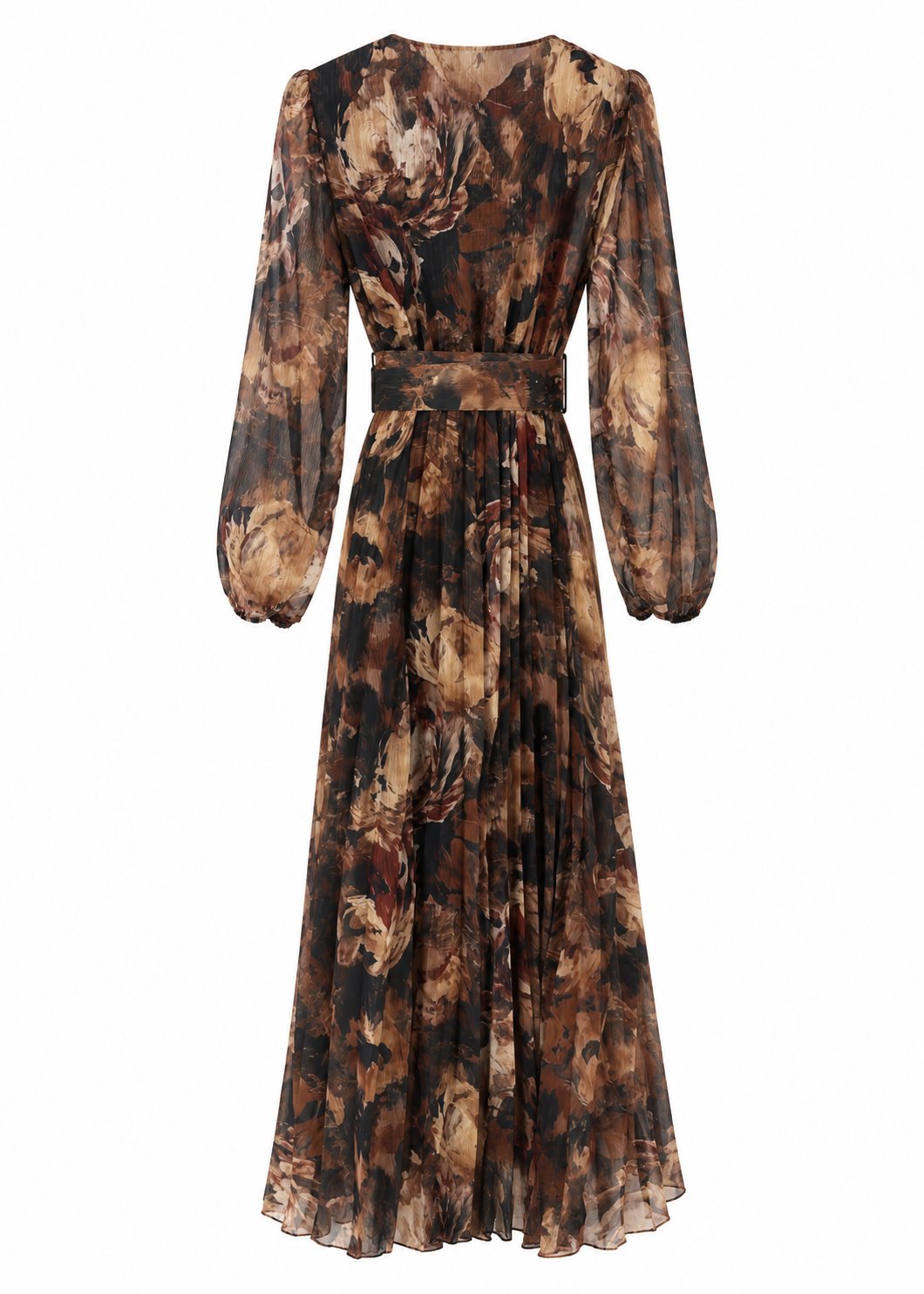 Back view of earth-tone floral maxi dress with waist belt and long blouson sleeves