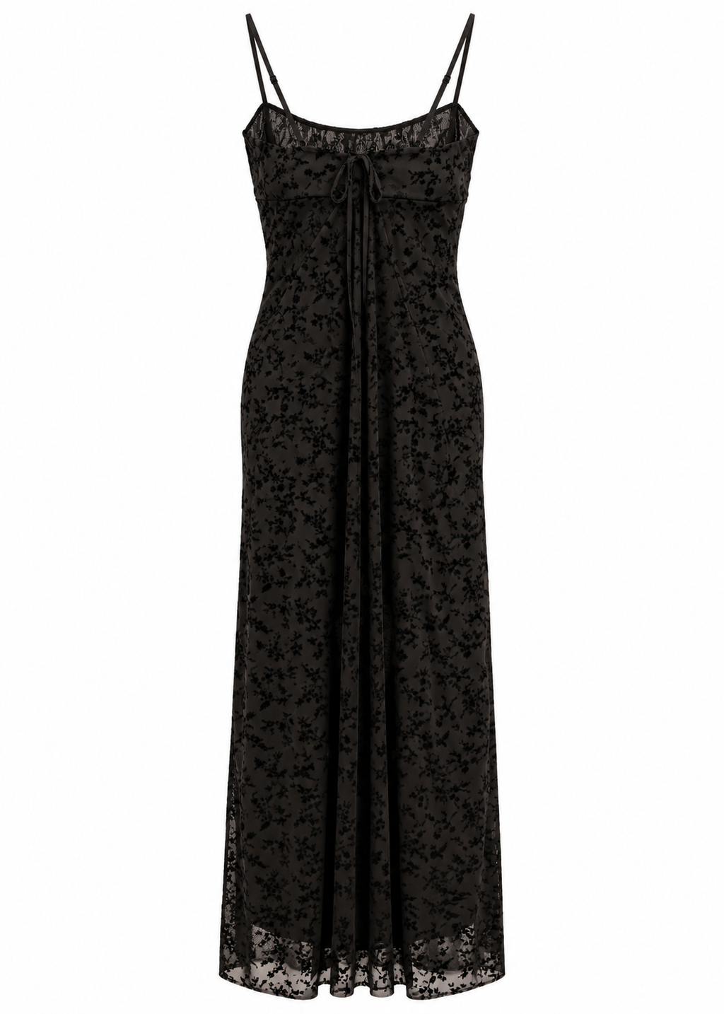 Front view of black tonal floral maxi slip dress with slender straps and a sheer floral hem