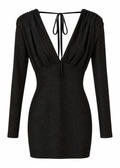 Black shimmer mini dress showing long sleeves, gathered shoulders and low V-back tie detail