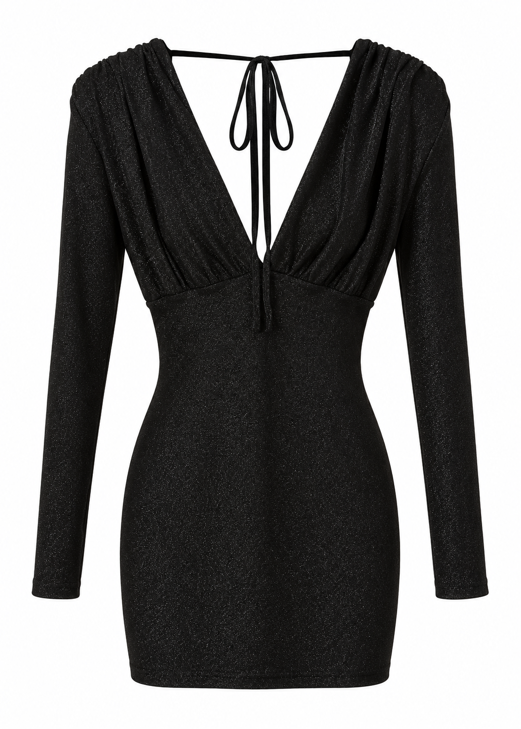 Black shimmer mini dress showing long sleeves, gathered shoulders and low V-back tie detail