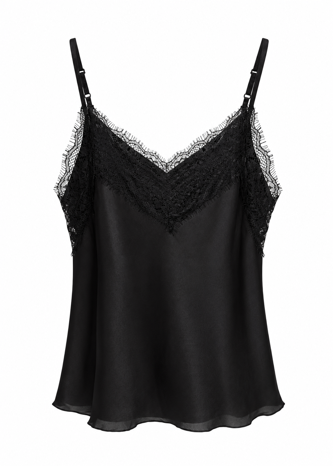 Black satin camisole showing the deeper lace panel at the back