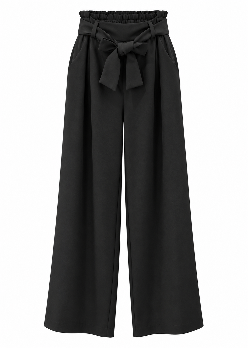 Back view of black palazzo trousers showing gathered paperbag waistband and belt loops
