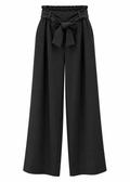 Back view of black palazzo trousers showing gathered paperbag waistband and belt loops