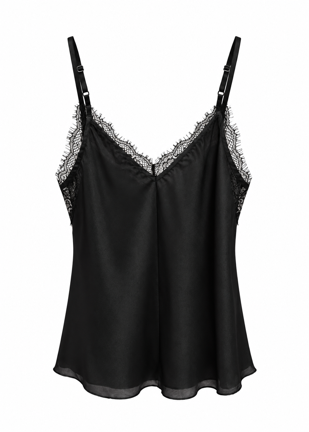 Black satin camisole with eyelash lace V-neckline and adjustable straps