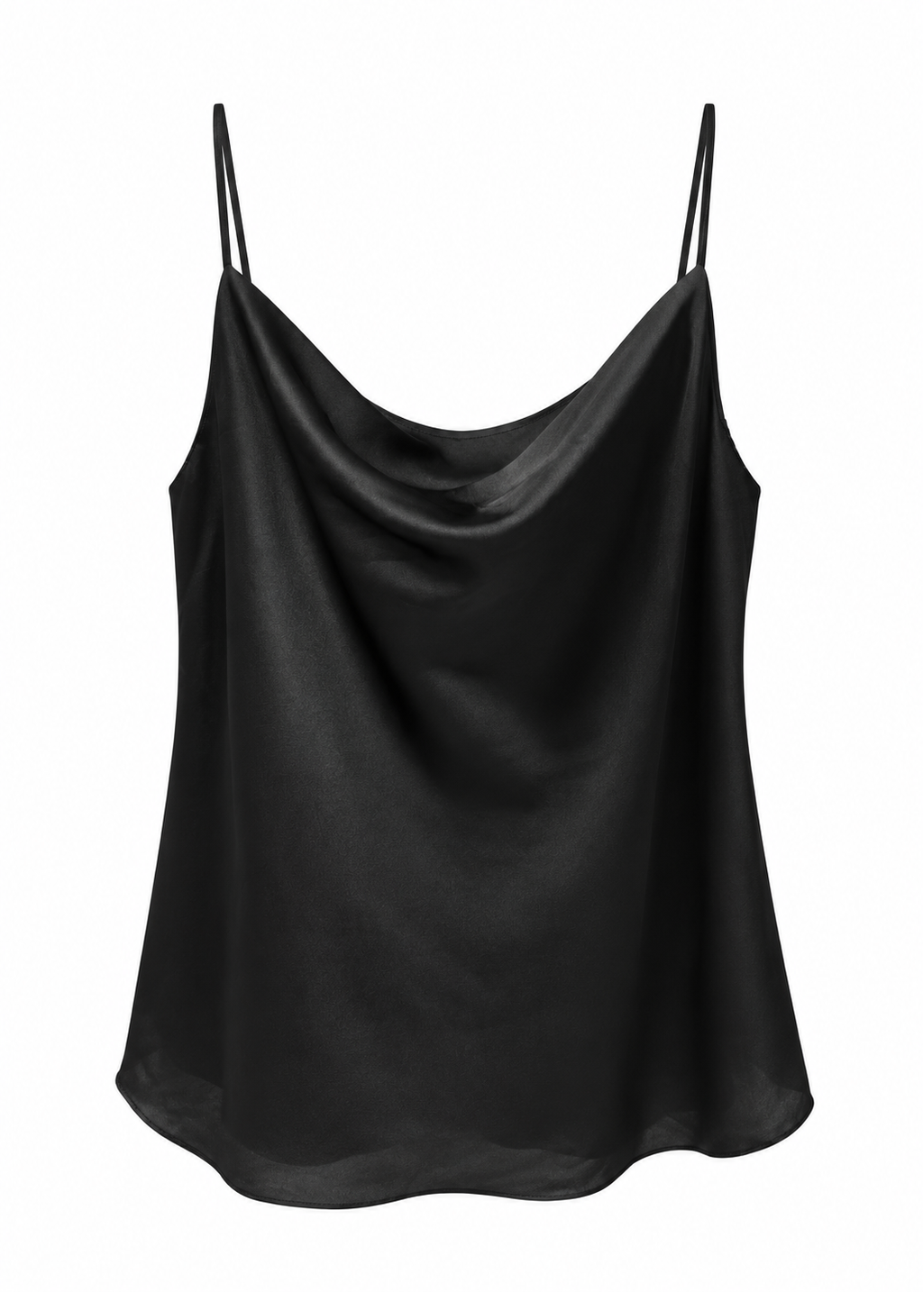 Black satin camisole with draped cowl neckline and fine shoulder straps